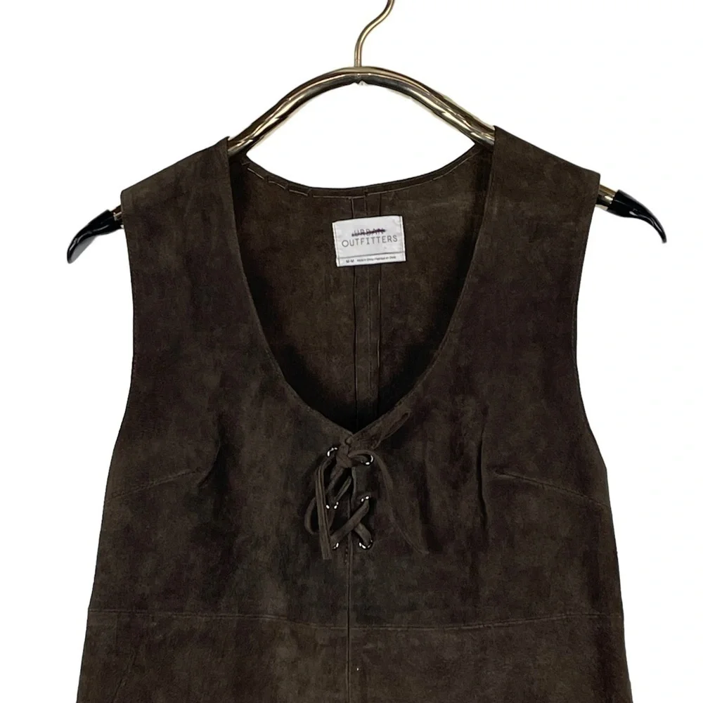 URBAN OUTFITTERS BROWN LEATHER SLEEVELESS LACE BUST RETRO 70'S MINI SHIFT DRESS